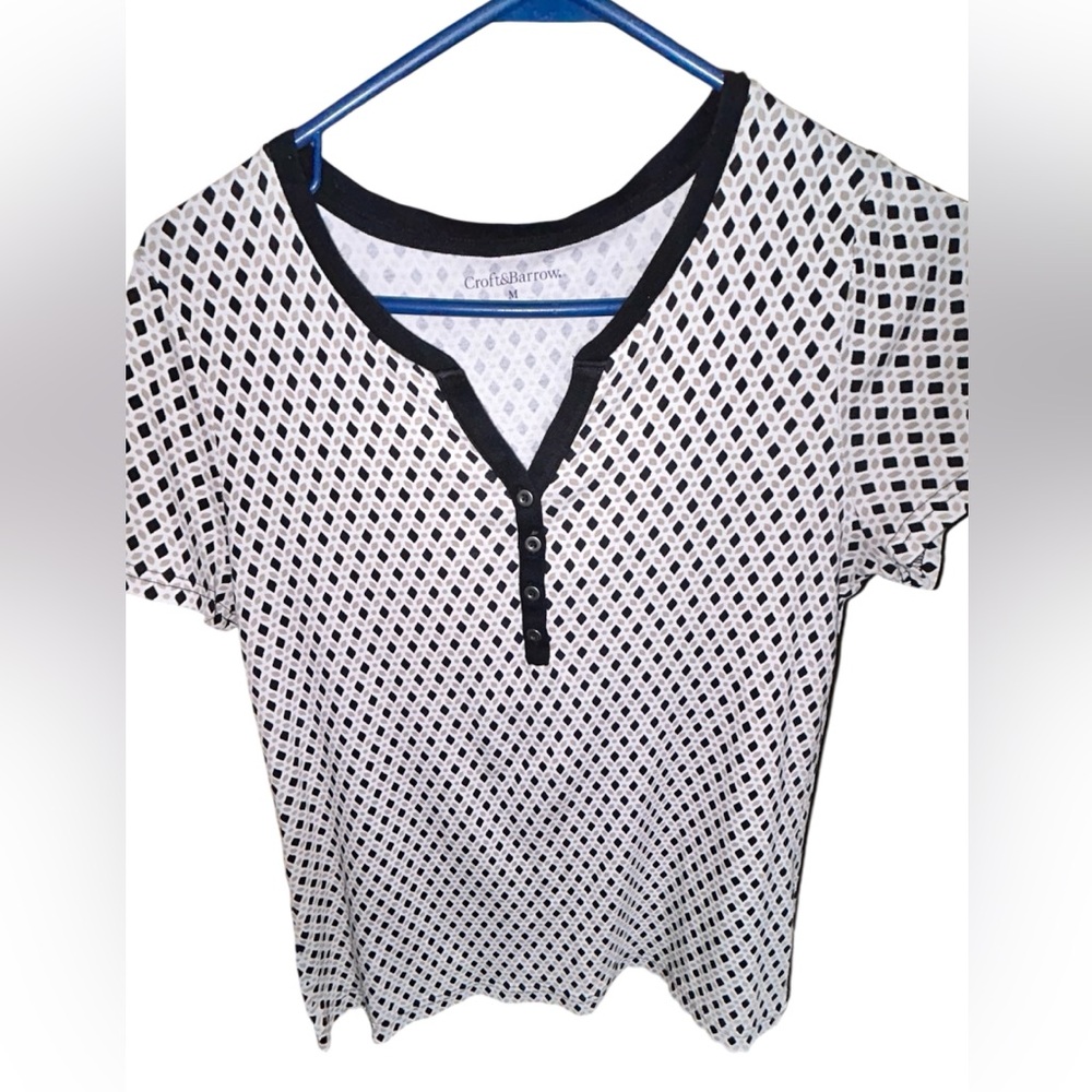 Croft & Barrow Diamond Print Henley Top - 100% Cotton - Size M